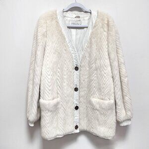 Weiss Adolfo Sport Fur & Leather Coat, Vintage 80s, White Chevron Pattern, L /XL